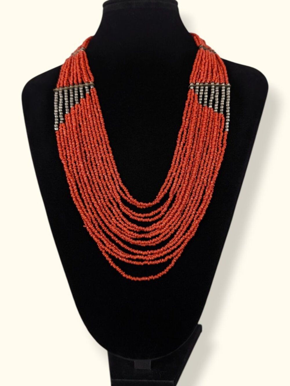 Multistrand Orange-Red Seed Bead Draping Statement Necklace